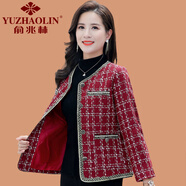 俞兆林（YUZHAOLIN）媽媽春裝短款外套格子開衫小個子中老年女春秋小香風洋氣毛呢上衣 紅色 XL (參考90-105斤)