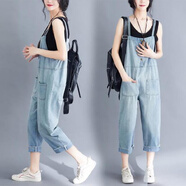 絲瀟背帶牛仔九分褲女夏季新款胖mm韓版大碼寬松減齡吊帶連體褲子 淺藍色 M【90-100斤】