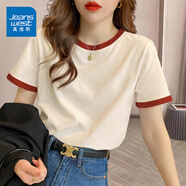 真維斯（JEANSWEST）t恤女夏季裝新款純棉短袖上衣服女裝寬松撞色休閑慵懶風正肩半袖 米磚紅 純色 S