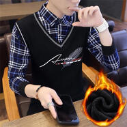 完君冬季加絨襯衫男青年假兩件保暖襯衣毛衣秋天長(cháng)袖加厚潮針織打底衫 大羽毛黑色 加絨 M