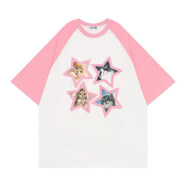 智时代（WISDOM AGE）Amoeba五角星可爱风猫咪短袖女宽松夏季插肩袖显嫩学生拼色T恤 粉红色 M