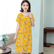 索宛亦（SUOWANYI）棉綢女夏中造棉連衣裙短裙款寬松中年 有袖精品【黃底喇叭花】 3XL 130-155斤