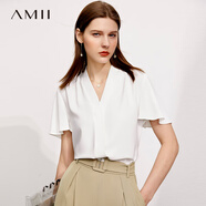 AMII女裝2025氣質(zhì)小衫V領(lǐng)雪紡衫新款荷葉邊時(shí)尚白色襯衫女短 米白 M 160/84A