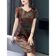 WVHK【特價撿漏】真絲香云紗連衣裙女夏裝中年媽遮肚印花桑蠶絲裙子 647紅色 2XL(建議115-125斤)