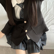 椿奈社原創(chuàng)jk格裙制服秋季原創(chuàng)正版學院風套裝百褶裙子半身裙套裝 海苔格裙+黑西裝+襯衫+領帶+徽章 S