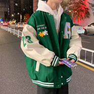 唐號 棒球服外套男美式復(fù)古潮牌拼接外套男秋季新款寬松百搭嘻哈夾克 綠色 L