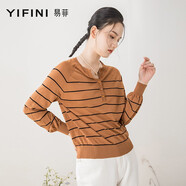 易菲（YIFINI）春新款100%綿羊毛v領(lǐng)毛衣條紋減齡毛針織衫2108M913 駝色（普通款） 0S