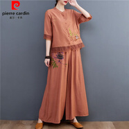 皮爾卡丹（pierre cardin）民族風(fēng)套裝女苧麻上衣褲夏季棉麻開(kāi)衫中式亞麻刺繡媽媽寬松兩件套 橘色 【包品質(zhì)】 4XL 【建議130-145斤】