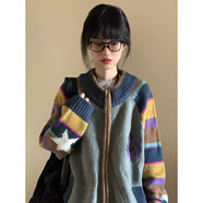 吉賽倫毛衣歐美風(fēng) 美式復古撞色條紋毛衣女慵懶秋冬新款針織開(kāi)衫學(xué)院風(fēng) 灰色版 S 建議75-95斤