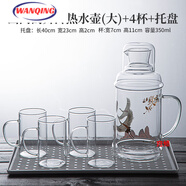 高檔輕奢冷水壺玻璃涼水壺涼水杯家用防爆大容量透明水杯套裝 山間鶴舞冷熱水壺大+4杯+托盤(pán)