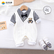 拾尚潮0-12個(gè)月小孩子穿的新生嬰兒衣服春秋裝假兩件套裝連體衣滿月男寶 方格小熊長(zhǎng)袖 速發(fā)貨 +手提袋 73cm 73（3-6個(gè)月)
