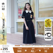 兩三事梵高文藝 梵花遺夢 2025夏季新款印花布拼接撞色翻領(lǐng)連衣裙 黑色-y L