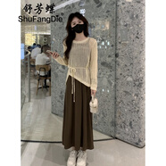 舒芳蝶（shufangdie）連衣裙女裝2025春秋新款慵懶風(fēng)收腰鏤空針織衫吊帶裙氣質(zhì)兩件套裙 咖色套裝 M