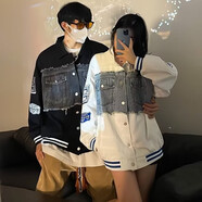 BOYXCO春秋季牛仔外套男女寬松情侶歐美街頭嘻哈冬加絨潮流學生工裝夾克 黑色【單件】 XL