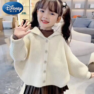 迪士尼（Disney）女童針織開衫上衣外套春秋裝2024新款兒童蝙蝠衫韓版女孩連帽毛衣 米白色 90