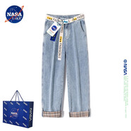 NASALIKE官方潮牌復(fù)古格子牛仔褲男女同款夏秋季闊腿休閑長褲水洗直筒褲子 淺藍(lán)色 XL（建議135-150斤）