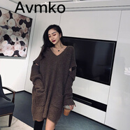 Avmko秋冬女設(shè)計(jì)感小眾中長(zhǎng)款寬松V領(lǐng)破洞慵懶風(fēng)毛衣外穿針織衫上衣 咖色 均碼