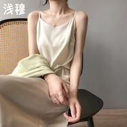 淺穆法式復(fù)古吊帶連衣裙女夏氣質(zhì)溫柔女神緞面肩帶中長裙Q80126 米杏色 L