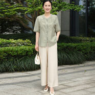 戴媽媽媽媽裝套裝夏裝2025中老年女裝新中式50-60歲時(shí)尚洋氣雪紡小衫t恤 綠色短袖+米色九分褲 3XL 建議115-130斤