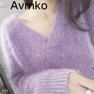 Avmko秋冬新款韓版加厚V領(lǐng)馬海毛毛衣女長袖套頭慵懶風(fēng)寬松打底針織衫 藕紫色 均碼 建議80~130斤內(nèi)穿
