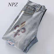 NPZ港系潮牌夏季薄款時(shí)尚潮流磨破燙鉆破洞男士休閑修身直筒牛仔褲男 淺藍(lán)色 29