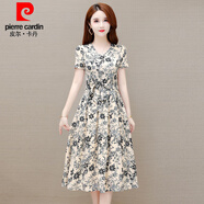 皮爾卡丹（pierre cardin）中年媽ma冰絲連衣裙女夏季短袖氣質(zhì)收腰顯瘦時(shí)尚大ma碎花長(zhǎng)裙子 圖片色 2XL 【110-120斤】