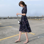 索宛亦（SUOWANYI）2021夏季新款雪紡碎花仙女連衣裙夏款收腰顯瘦小仙女中長(zhǎng)款裙子 深藍(lán)色【時(shí)尚連衣裙】. 普通版 S 95斤內(nèi)穿