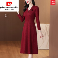 皮爾卡丹（pierre cardin）喜婆婆婚宴裝紅色連衣裙女春秋2024新款秋裝日?？纱寢尨虻兹棺?酒紅色 4XL [155-170斤]