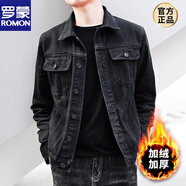 羅蒙ROMON品牌高端男士春秋冬季牛仔外套休閑百搭工裝夾克新款黑色加絨加厚牛仔衣冬裝新品 黑色加絨 3XL