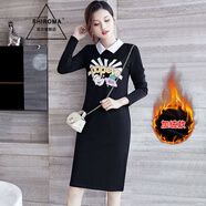 SHIROMA輕奢女裝長(cháng)袖連衣裙女春新款T恤裙休閑打底內搭顯瘦遮肉裙 黑色加/絨 M/100-110斤