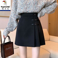 啄木鳥毛呢半身裙女2025年秋冬韓版高腰百褶裙顯瘦百搭a字包臀短裙 黑色【內帶安全】 M 建議【95-105斤】