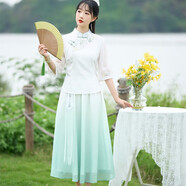 妖妮旗袍漢服女成人年輕日常2025新中式國風棉麻刺繡雪紡裙兩件套6356 白綠色套裝 L (建議體重90-100斤）