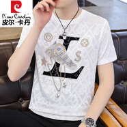 皮爾卡丹（pierre cardin）冰絲燙鉆短袖T恤男夏季透氣薄款半袖體恤青年夏裝上衣男 T898白色 3XL 【適合160-175斤】