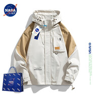 NASA LIKE官方外套男春秋季山系休閑戶外連帽夾克男女大碼工裝男士沖鋒上衣 卡其色 XL （建議100-120）