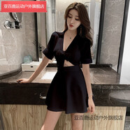 亞百鹿*酒吧女裝夜店性感V領(lǐng)低胸氣質(zhì)雪紡襯衫連衣裙夜場桑拿技師工作服 黑色 L