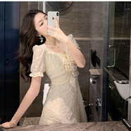 南極人甜美蕾絲繡花連衣裙女設計感小眾2024夏季新款顯瘦方領(lǐng)a字裙 杏色*6988款 S
