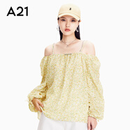 A21夏女裝設計感小眾露肩寬松抽褶襯衫女別致法式碎花上衣 黃色 S