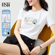歐莎（OSA）T恤女士夏季新款衣服短袖印花上衣體恤修身潮清爽冰瓷棉感 白色 XS