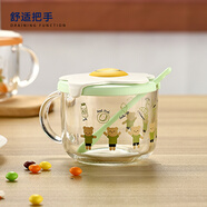 樂美雅（Luminarc）玻璃杯耐熱防爆牛奶杯可微波泡茶早餐杯子鋼化玻璃大容量把杯時尚 正太熊帶蓋勺把杯 500ml 1只