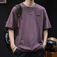 依郎酷竹節純棉短袖t恤男士夏季衣服2025新款半袖大碼潮牌男裝重磅體恤 醬紫色 XL 【合適145-160斤】