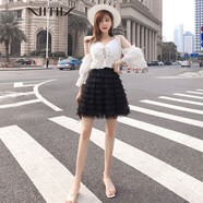 VITIV 香港潮牌時(shí)尚網(wǎng)紗蛋糕裙 2022夏新款高腰顯瘦百褶短裙黑色優(yōu)雅松緊腰百搭A字半身裙 黑色 均碼