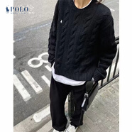 JSNY SPORT春季新品美國拉夫勞倫外套麻花毛衣女羊毛圓領(lǐng)針織衫 黑色套頭小馬 M