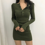 皮爾卡丹針織毛衣裙短款包臀修身顯瘦性感緊身打底衫長(zhǎng)袖小個(gè)子連衣裙秋冬 綠色 M