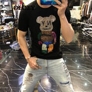 OLOEY 樂樂兔香港潮牌夏季新款短袖t恤男重工燙鉆小熊修身百搭休閑半袖歐貨 黑色 M 90-110斤