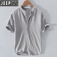 吉普（JEEP）【高檔輕奢】日系復(fù)古棉麻料短袖恤夏季亞麻布上衣服青年領(lǐng)體恤衫 RC210灰色 2XL 165斤以內(nèi)