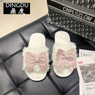 棉拖鞋女情侶春秋夏冬季居家用室內地板防滑底四季亞麻男女拖鞋 大白蝴蝶結粉色 36-37(適合35-36)
