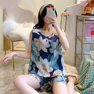 桑琴棉綢睡衣女士夏季背心綿綢無袖短褲人造棉家居服套裝薄款加肥加大 8022-藍色曼陀羅 5XL 150斤-165斤加肥大碼