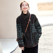 穆夏百合毛呢大衣女2025秋裝新款春冬季女裝短款呢子大衣女士羊羔毛絨外套 綠格 S (85-115斤)