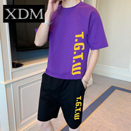 夏季男士短袖T恤運動(dòng)套裝2021新款韓版潮流休閑五分短褲帥氣夏裝 1164紫色【套裝】 S