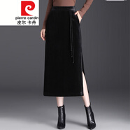 皮爾卡丹（pierre cardin）金絲絨半身裙女春秋季高臀裙中長(cháng)款顯瘦開(kāi)叉一步裙氣質(zhì)直筒裙 黑色 XL